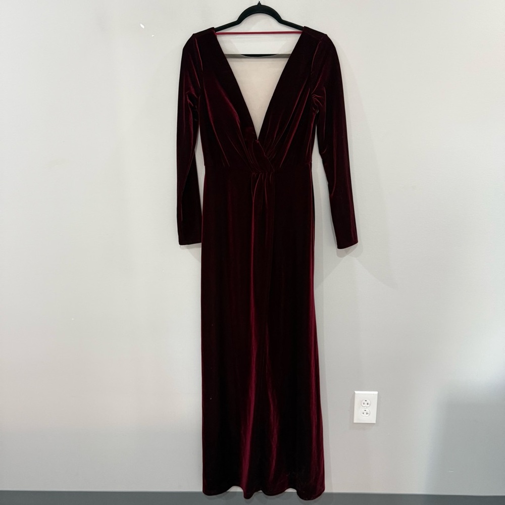 Jenny Yoo Dress Ryland Maxi Long Sleeve V-neck Open Back in Dark Berry Velvet - Picture 4 of 7
